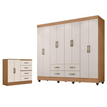 Imagem de Guarda Roupa Casal Porto Com Cômoda Lite 4 Gavetas 2 Portas Nature Off White - Móveis Leão