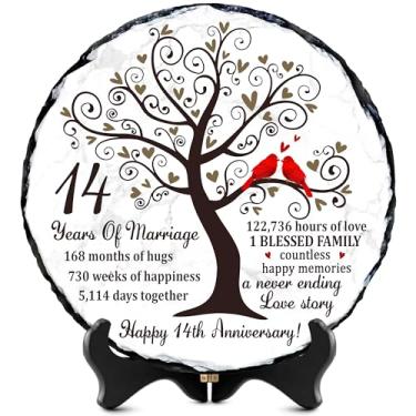 Imagem de Bozspacer Presente de casamento de 14º aniversário para ela – Placa de pedra de ardósia natural, presentes de aniversário de 14 anos para esposa e marido, presentes de lembrança de casamento de 14