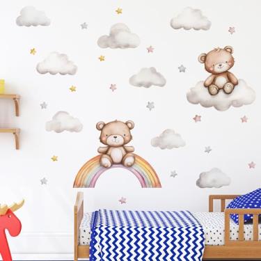 Imagem de Decalques de parede de urso de pelúcia - desenho animado urso arco-íris estrela nuvem adesivos de parede para quarto de crianças meninas e meninos quarto de bebê decoração de berçário (decalques de