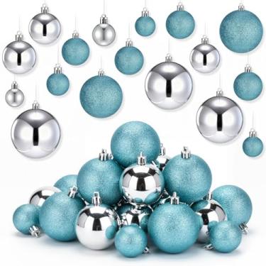 Imagem de Baderke 36 peças, 4 tamanhos, enfeites de bola de Natal, decoração de árvore de Natal, bola com laço para pendurar e corda, guirlanda de festa de fim de ano, decoração de casa (azul e prata, estilo