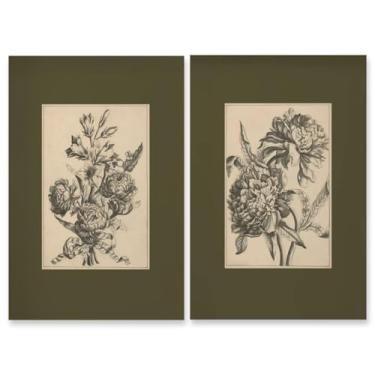 Imagem de Conjunto de 2 impressões de esboços de flores verde sálvia arte de parede vintage gravuras verde escuro botânico pôster de arte de desenho floral antigo decoração de parede para biblioteca de estudo