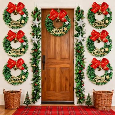 Imagem de Enfeite de guirlanda de Natal com laço vermelho e sino – Mini guirlanda verde, decoração festiva de pendurar para porta, parede, árvore, decoração de festa de férias em casa (vermelho-6)