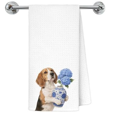 Imagem de Exqcom Toalhas de cozinha Blue Hydrangea Beagle, presentes para amantes de beagle, toalhas de chá para decoração de cozinha, porcelana chinoiserie floral cão decorativo toalha de mão decoração de