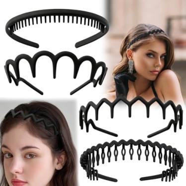 Imagem de 4 faixas de cabelo antiderrapantes, faixas de cabelo de plástico em ziguezague preto para esportes, maquiagem, uso diário – suporte de cabelo confortável e acessórios de cabelo para presente