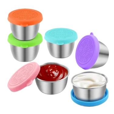 Imagem de WYSYZJJ 6 pacotes de copos de condimento de aço inoxidável de 47 g com tampas, recipiente para molho de salada para viagem, copos de condimentos reutilizáveis, adequados para almoço, churrasco, viagem