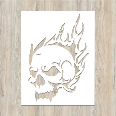 Imagem de Estêncil Justiceiro | Estêncil reutilizável de Halloween Horror Cool Skull Flames para pintura em madeira, vidro, parede, pedra, paredes, tela, vidro, pintura em spray, aerografia | Estêncil de