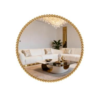 Imagem de QuiltMuse Espelho dourado com contas costeiras, moldura de metal, espelho circular de 80 cm, decoração de arte de parede montada para entrada, banheiro, corredor, sala de estar, penteadeira