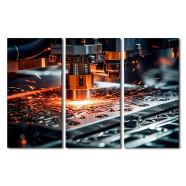 Imagem de Tela emoldurada arte de parede faíscas voar para fora cabeça de máquina para processamento de metal a laser em plantas metalúrgicas imagens impressão em tela arte de parede para sala de estar