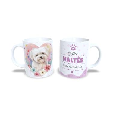 Imagem de Caneca de Cerâmica 325ml com Tema Beagle, Design de Cachorro com Flores, Branco e Rosa (13195)
