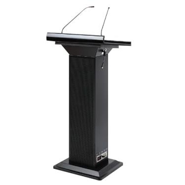 Imagem de SPXMQSS Atril de conferência, atril de pé suporte de pulpito pódio de armação de metal com microfone para discursos públicos, igreja, sala de aula, 55 x 49 x 119 cm preto