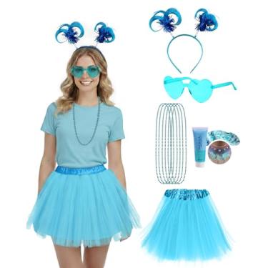 Imagem de Tinyones Conjunto de 10 peças de acessórios de fantasia de tutu para adultos, preto, azul, roxo, verde, saia de tule, Halloween, anos 80, faixa de cabeça, colar, óculos de sol, brilho corporal
