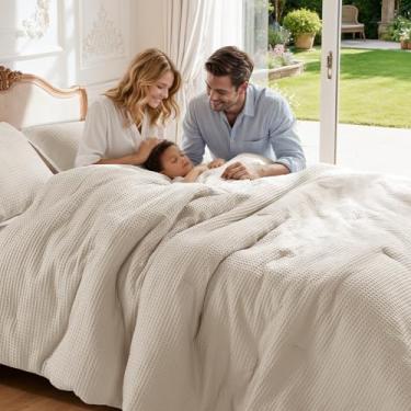 Imagem de Shilucheng Jogo de cama king size de algodão waffle - jogo de cama de 3 peças com edredom e 2 fronhas, edredom macio e respirável para todas as estações, lavável na máquina, bege