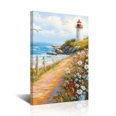 Imagem de CXHOSTENT Imagens de farol arte de parede decoração de banheiro costeiro oceano paisagem marítima impressões em tela pinturas de praia paisagem náutica arte decoração de casa emoldurada (azul, 18C x