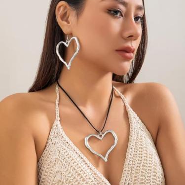 Imagem de Conjunto de joias de ouro grosso - Colar e brincos de coração com pingente de coração de amor, gargantilha de corda, brincos para presente feminino, One Size, Cobre, Sem Pedra Preciosa