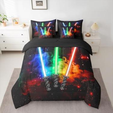 Imagem de jejeloiu Conjunto de cama queen com sabres de luz coloridos, tamanho Queen, espaço sideral, para meninos, meninas, galáxia, em uma bolsa, microfibra leve e macia