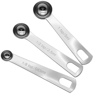 Imagem de Conjunto de colheres de medição de aço inoxidável, pacote com 3 (0,63 ml, 2,5 ml, 5 ml) inclui 1/8 e 1/2 e 1 colher de chá, colher de café de cabo curto para medição de cozinhar, ingredientes de