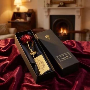 Imagem de Rosa dourada em caixa de presente, presente de rosa eterna, presente de aniversário dourado para dia dos namorados e ocasiões especiais, flor artificial de luxo para decoração de casa (vermelha)