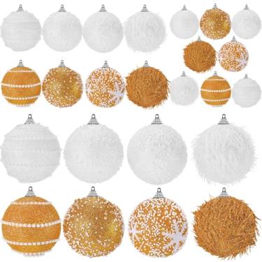Imagem de VioraWhite 24 peças de enfeites de bola de glitter de Natal, tamanhos variados, enfeite de árvore de Natal de espuma, bolas penduradas para festas de Natal, Ano Novo, decorações de casa (ouro, branco)