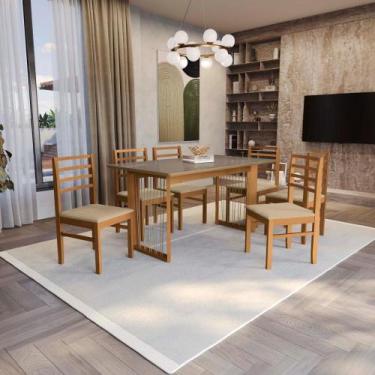Imagem de Conjunto Sala de Jantar Elisa em Madeira Maciça 6 Cadeiras Boucle Bege
