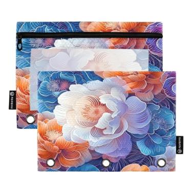 Imagem de Wassud Bolsa de lápis para fichário de 3 anéis, bolsa transparente com zíper liso, estojo de lápis de beleza florescendo para fichário, pacote com 2
