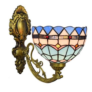 Imagem de Arandela de parede estilo Tiffany mediterrâneo com vitral em formato de cauda de fênix azul, instalação com luz direcionada para cima e para baixo, ideal para quarto, sala de estar, corredor