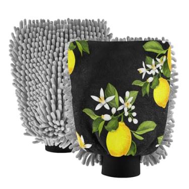 Imagem de STAYTOP Luvas de lavagem de carro com limões amarelos, 2 peças, luvas de microfibra de chenille, sem arranhões, panos de esponja de lavagem ultra absorventes para carros, limpeza doméstica - M