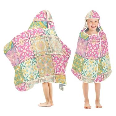 Imagem de Burbuja Toalha de banho com capuz de azulejos vintage coloridos para crianças, toalha de praia de pelúcia macia absorvente para meninas e meninos 3-10 anos, 61 x 127 cm