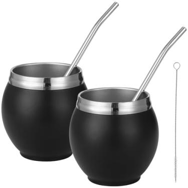Imagem de OMISTAR Conjunto de 2 copos de erva mate, cabaças mate de aço inoxidável de 280 ml, corpo fosco elegante, canudos de aço inoxidável, ideal para beber chá mate tradicional, preto