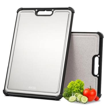 Imagem de Tábua de corte premium de aço inoxidável 316 para cozinha, extra grande, 43 x 30 cm, melhor tábua não tóxica para carne, metal de grau alimentício e palha de trigo ecológica, essencial para cozinha