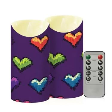 Imagem de Wassud Pacote com 2 velas de corações pixelados arco-íris sem chama com controle remoto, velas realistas cintilantes com temporizador, velas decorativas para Natal, casamento, festa, decoração de casa