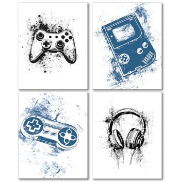 Imagem de Hapons Conjunto de 4 peças de arte de parede de videogame, controle de jogos, vintage, fone de ouvido, impressão de pôster para quarto de meninos, sala de estar, decoração de parede, retrô, berçário