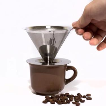 Imagem de Filtro Coador de Café Portátil em Aço Inox Reutilizável Formato Cone com Malha Dupla Ultra‑Fina, Preserva Oleos e Sabor Natural, Ecologico Sem Papel, Para 1 Xícara (101)