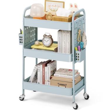 Imagem de KINGRACK Carrinho de rodinhas de 3 níveis com tábua de pendurar DIY, carrinho utilitário de metal com rodinhas e alças de cestos ganchos, carrinho de armazenamento adequado para banheiro, cozinha