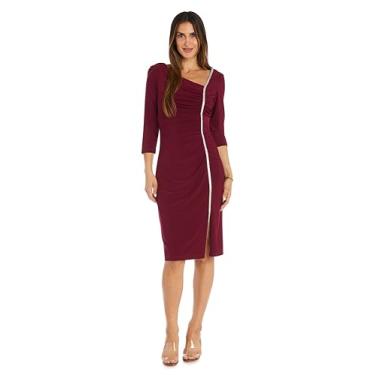 Imagem de Vestido formal na altura do joelho com decote assimétrico e acabamento em strass na costura frontal lateral, Merlot, 44