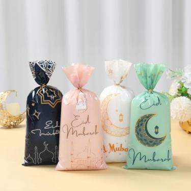Imagem de 50 peças de sacos de celofane Eid Mubarak, 4 modelos de desenhos animados de lanternas e luas, sacos de guloseimas com laços torcidos, saco de doces Ramadan Kareem para lembrancinhas de festa