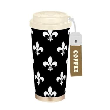 Imagem de TSENQUE Copo de café de viagem 473 ml, copo de café com revestimento cerâmico com tampa e palha, copo isolado a vácuo de aço inoxidável, símbolos brancos, carnaval, preto