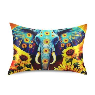 Imagem de Fronhas refrescantes legais azul elefante girassóis floral cetim premium padrão king queen capas de travesseiro confortável cama macio tamanho king size 101,6 cm x 50,8 cm