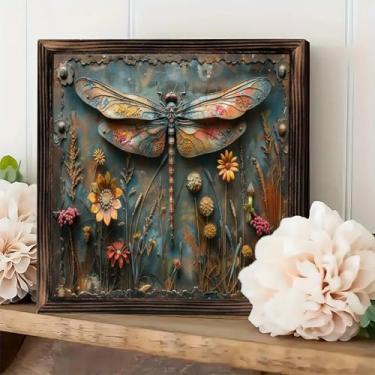 Imagem de Placa de arte de parede emoldurada vintage rústica - Steampunk libélula floral arte de metal decoração de mesa 20 x 20 cm - presentes para fazenda, cafés, lojas, quarto, banheiro, casa e escritório