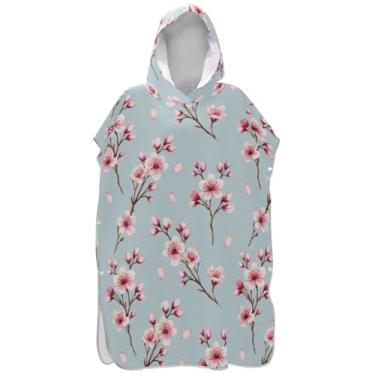 Imagem de Joisal Roupão reutilizável para troca de poncho de surfe para toalha de banho com capuz de praia em aquarela flor de cerejeira rosa azul unissex poncho adulto com capuz