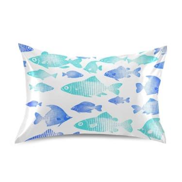 Imagem de Peixe azul verde gradiente desenho animado cetim cool fronhas impressão arte resfriamento padrão queen king size travesseiro capa de cama tamanho padrão 66.0 cm x 50.8 cm