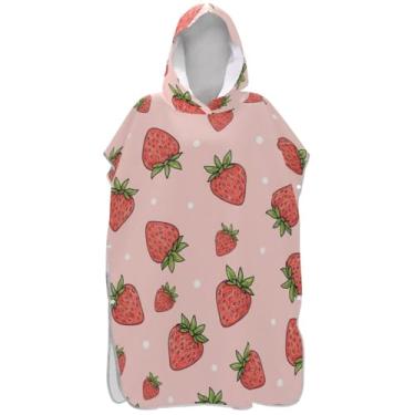 Imagem de Joisal Roupão de mudança de poncho de surfe para adultos toalha de banho com capuz poncho masculino vestível com capuz morangos ponto rosa