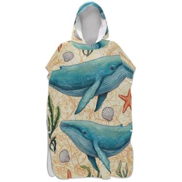 Imagem de Joisal Baleias azuis, poncho de surfe, estrela-do-mar, para adultos, trocador de roupa, com capuz, lindo, plus size, ponchos femininos com capuz