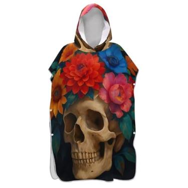 Imagem de TSENQUE Poncho de surfe para adultos trocador de roupas de banho de praia com capuz poncho leve masculino feminino com capuz crânio engraçado flores coloridas