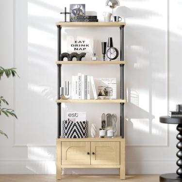 Imagem de GOUUN Estante pequena com porta, estante de madeira de 137 cm, prateleira de carvalho com armário de armazenamento, estante para uso pesado, estante para sala de estar/escritório