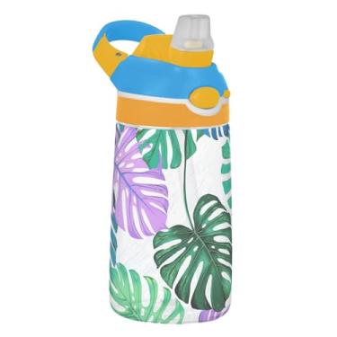 Imagem de Garrafa de água verde vibrante Monstera Leaves Kids com canudo 473 ml 473 ml Tritan Sports garrafa de água à prova de vazamento reutilizável copo de viagem infantil, portátil, alça de transporte