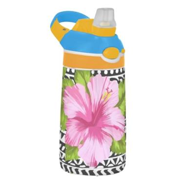 Imagem de Garrafa de água esportiva infantil com flores rosa hibisco preto e branco para escola, 473 ml, 473 ml, garrafa de água Tritan com canudo, copo infantil reutilizável à prova de vazamento, alça de