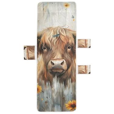 Imagem de Capa de toalha de espreguiçadeira rústica de vaca highland girassol espreguiçadeira de praia para piscina lavável espreguiçadeira de praia 215 x 76 cm