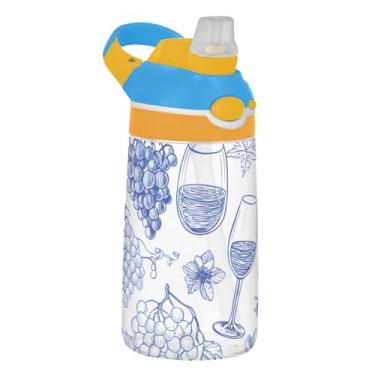 Imagem de Garrafa de água infantil azul uva vinho fruta azul com canudo 473 ml Tritan 473 ml garrafa de água esportiva à prova de vazamento, copo infantil portátil, reutilizável, alça de transporte