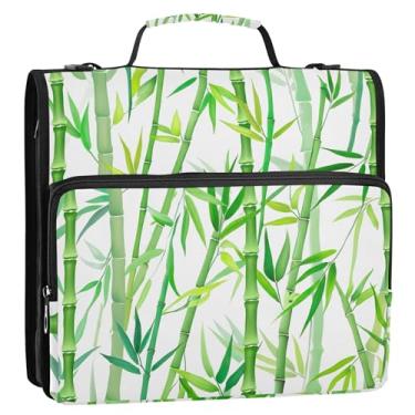 Imagem de Pasta de 3 anéis com 3 argolas de documentos, folhas verdes de bambu, branco, zíper branco, estojo de armazenamento com alça e bolsa escolar