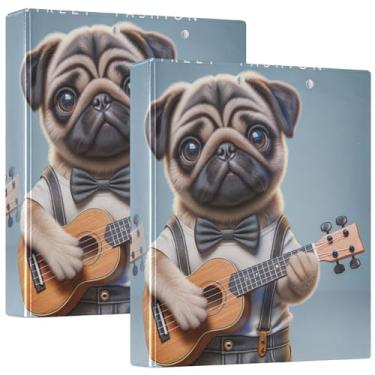 Imagem de Fichário personalizado de cachorrinho ukulele Pug Dog com 3 anéis de 3 cm comporta 200 folhas, 3 pastas de anéis, 31,5 x 27 x 6 cm, pacote com 2